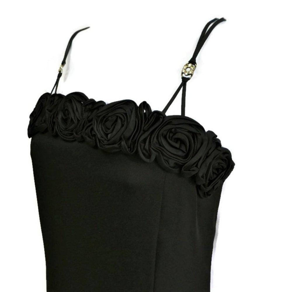 Vintage Veronica USA Black Dress Maxi Rosettes Rhinestones Side Slit L